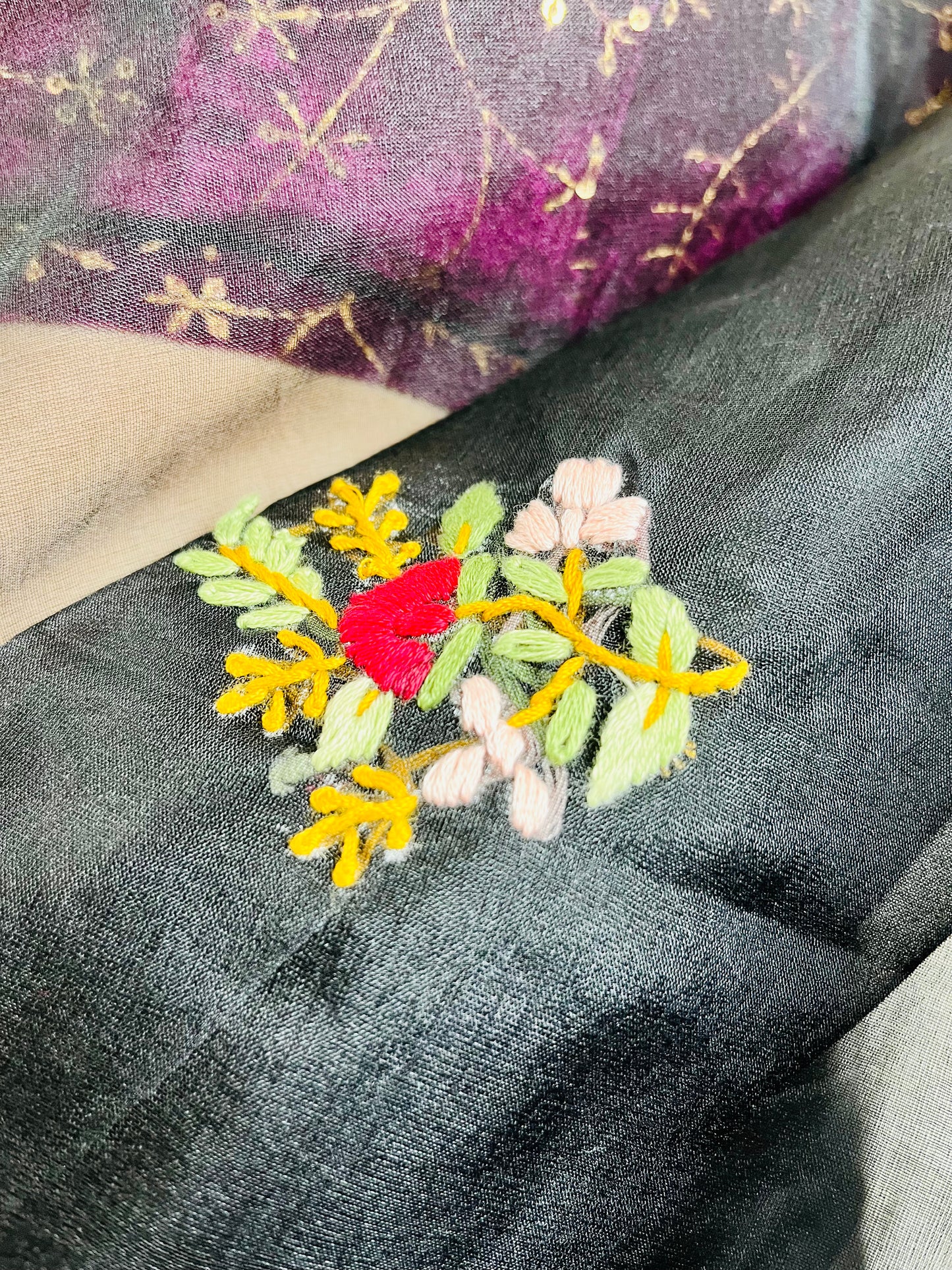 Handmade Bullion Stitch floral embroidery on pure Black Organza Silk Saree by Desi Aadat showing intricate craftsmanship