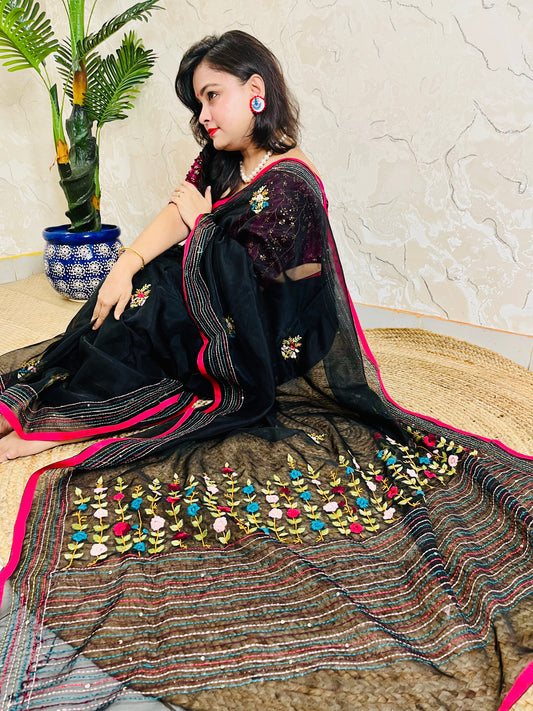 Beautiful women in saree - Black Organza Silk with colorful Bullion Stitch border for traditional saree look