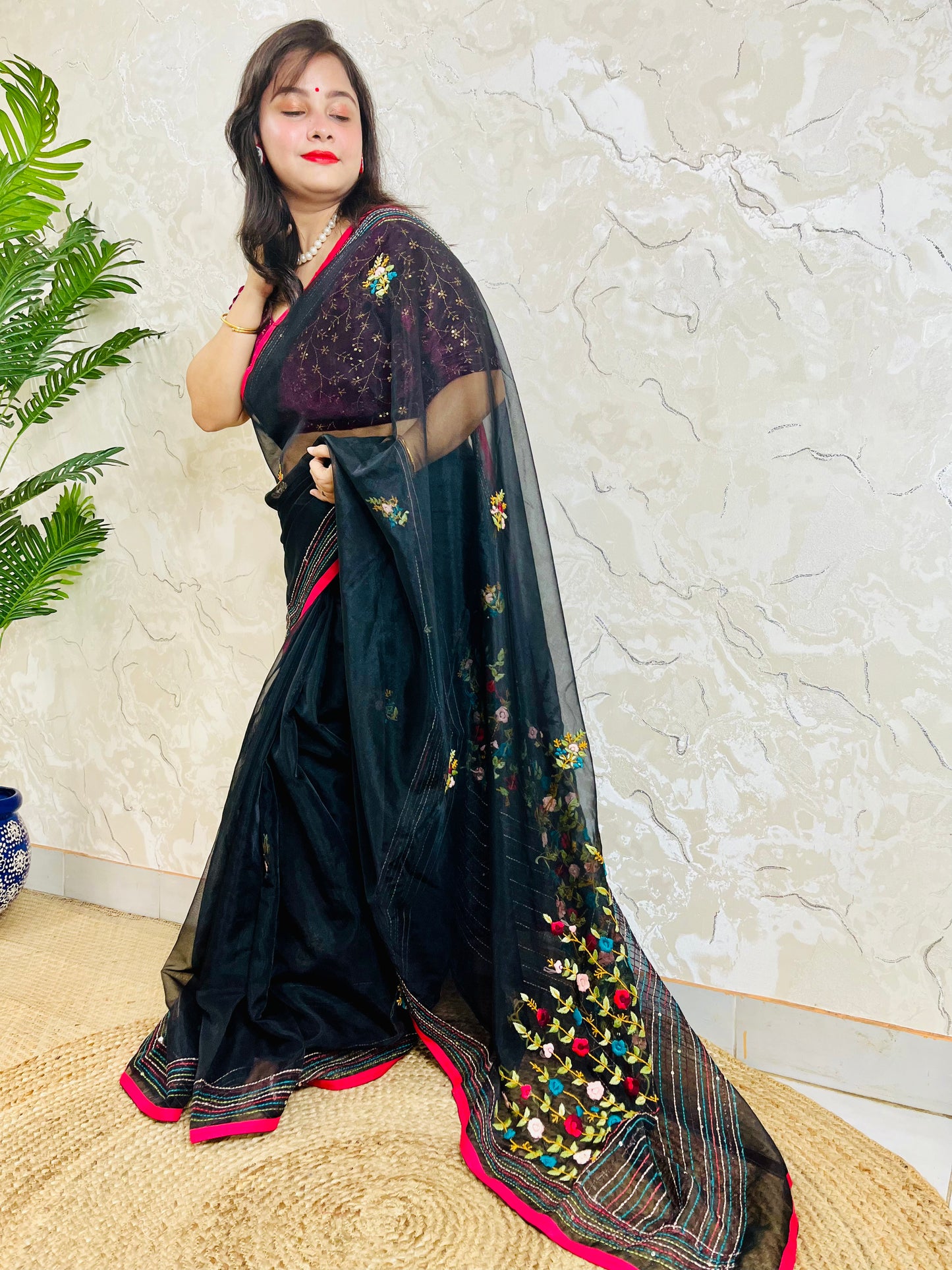 Traditional saree for women - Pure Black Organza Silk with hand-embroidered Bullion Stitch pallu by Desi Aadat