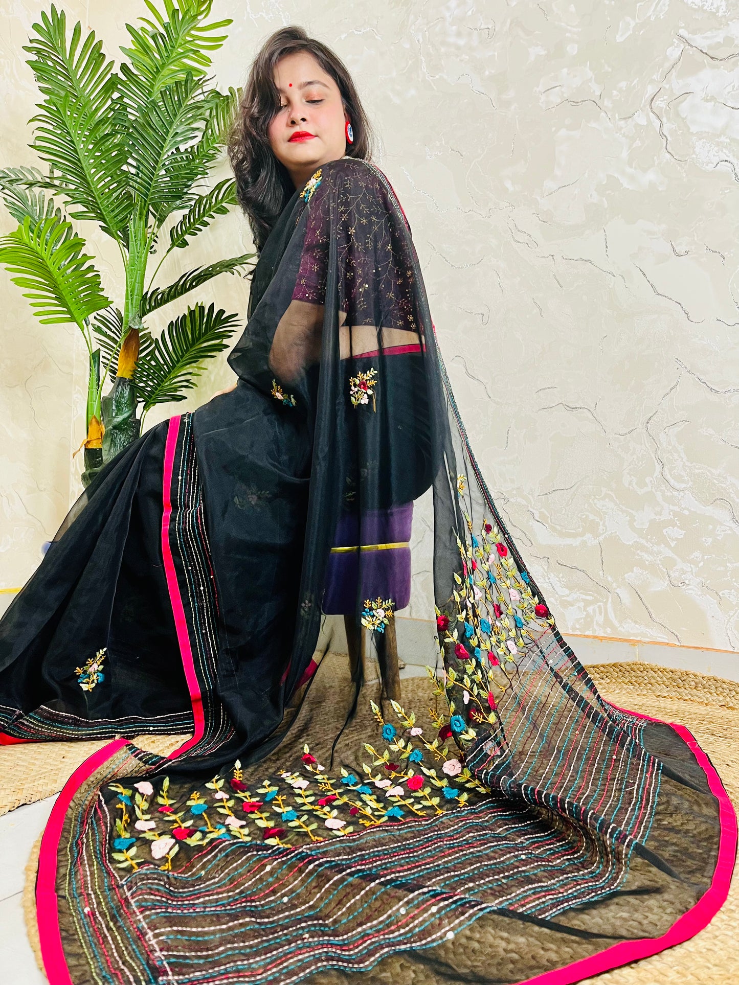 Traditional saree for women - Pure Black Organza Silk with hand-embroidered Bullion Stitch pallu by Desi Aadat
