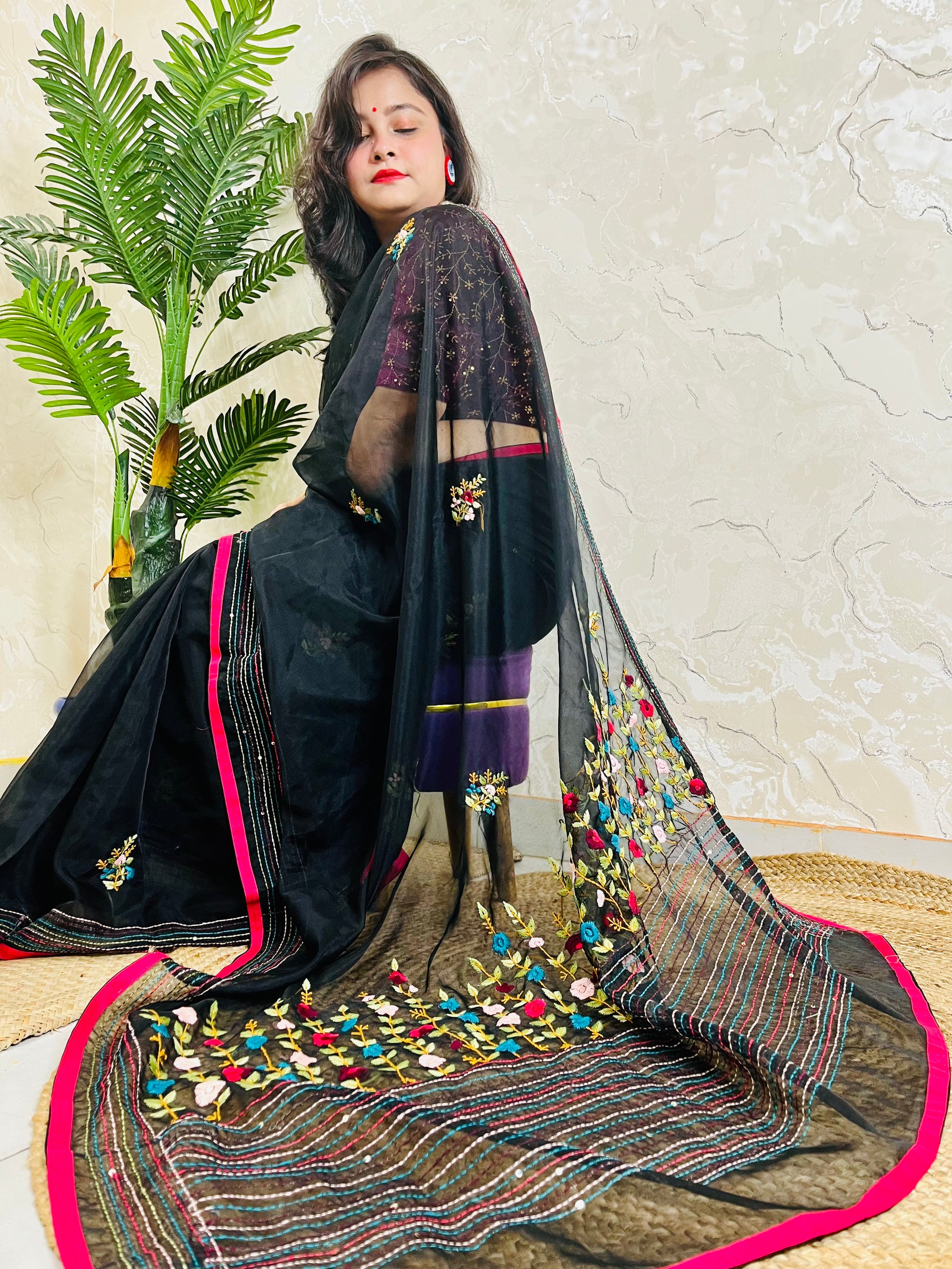 Traditional saree for women - Pure Black Organza Silk with hand-embroidered Bullion Stitch pallu by Desi Aadat