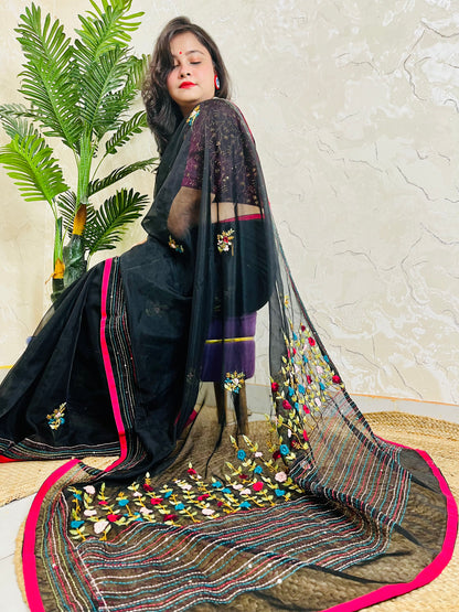 Traditional saree for women - Pure Black Organza Silk with hand-embroidered Bullion Stitch pallu by Desi Aadat