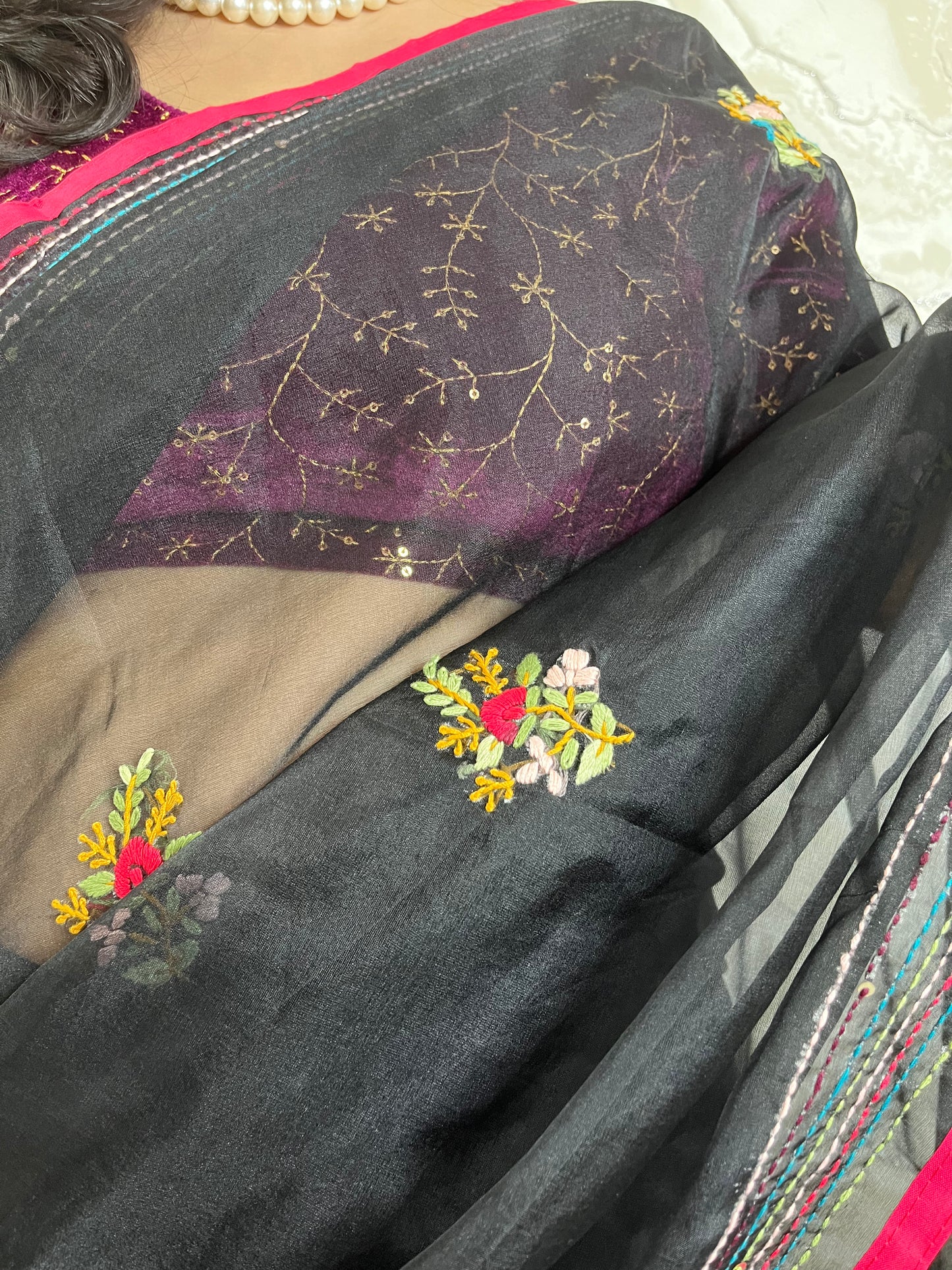 Handmade Bullion Stitch floral embroidery on pure Black Organza Silk Saree by Desi Aadat showing intricate craftsmanship
