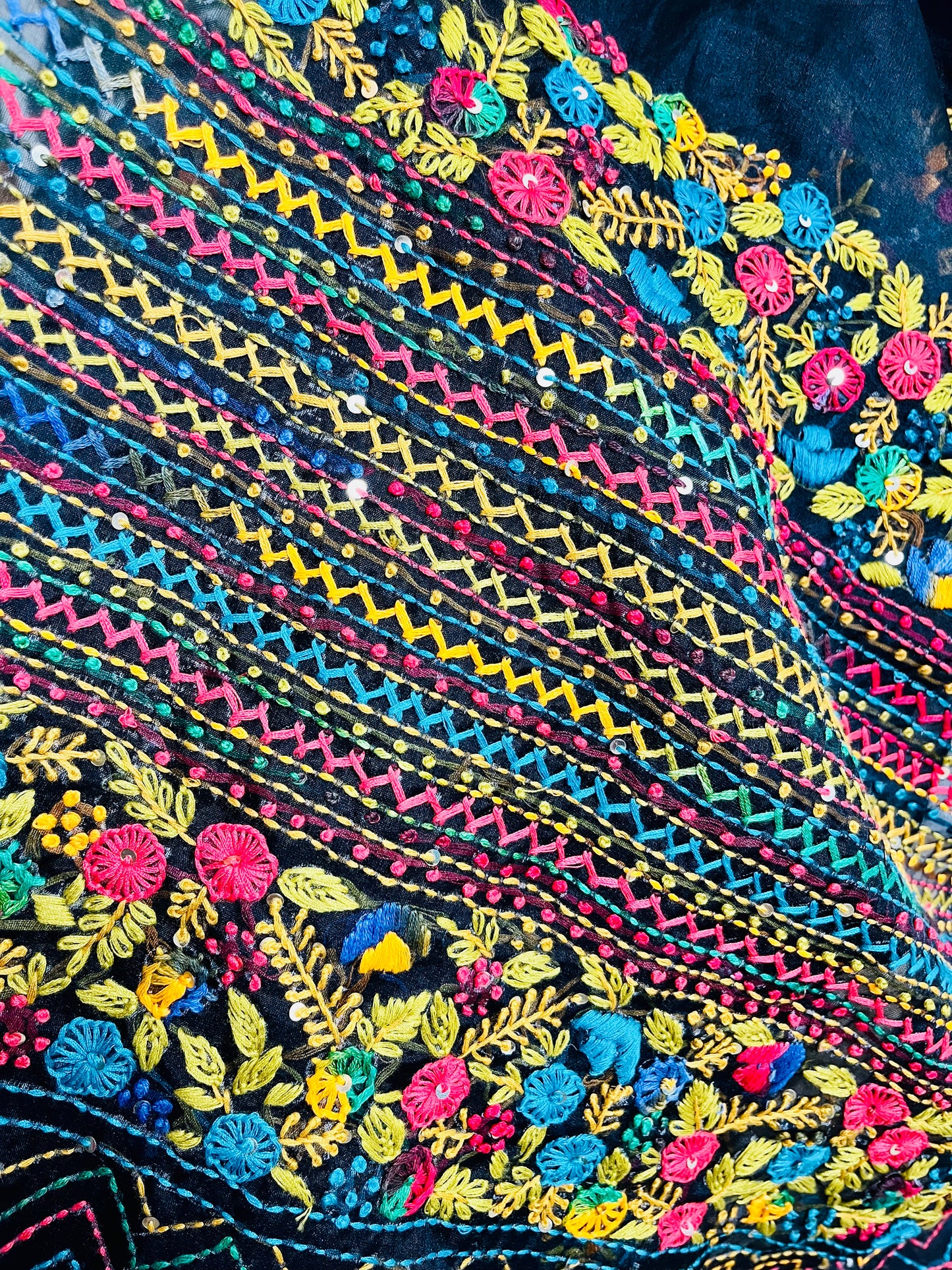 Close-up of handcrafted Bullion Stitch floral embroidery and French knots with multicolored zigzag running stitch on pure Black Organza Silk Saree by Desi Aadat