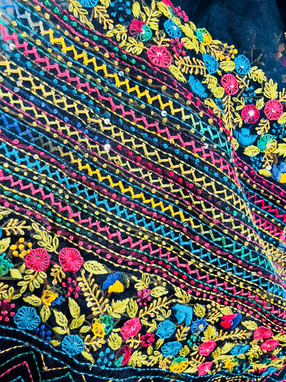 Close-up of handcrafted Bullion Stitch floral embroidery and French knots with multicolored zigzag running stitch on pure Black Organza Silk Saree by Desi Aadat