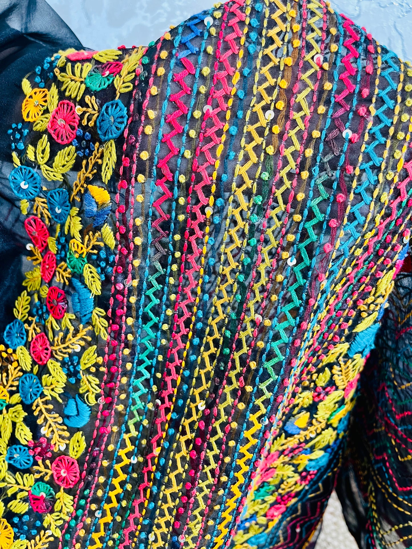 Close-up of handcrafted Bullion Stitch floral embroidery and French knots with multicolored zigzag running stitch on pure Black Organza Silk Saree by Desi Aadat