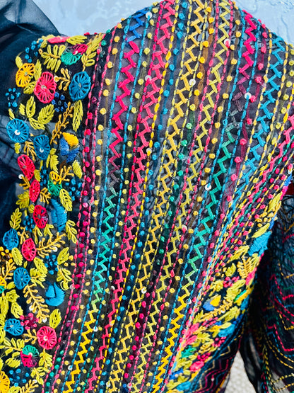 Close-up of handcrafted Bullion Stitch floral embroidery and French knots with multicolored zigzag running stitch on pure Black Organza Silk Saree by Desi Aadat