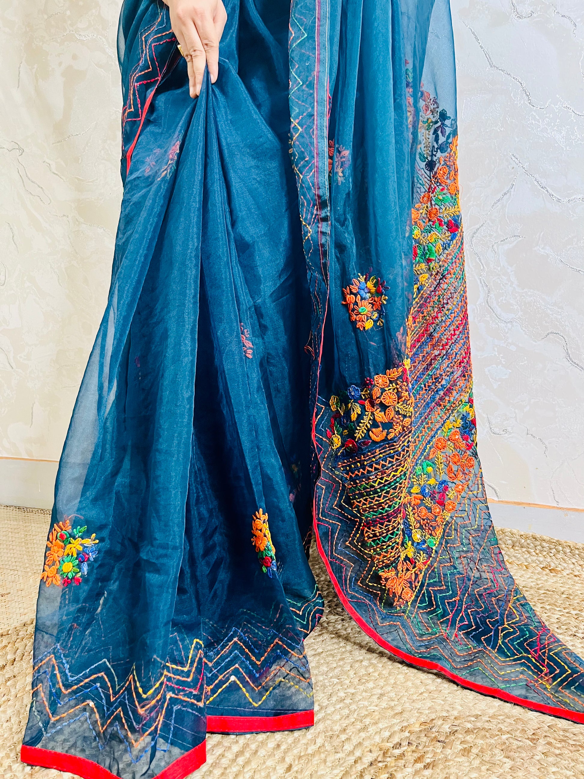 Close-up of handmade bullion stitch and French knot embroidery in multicolour threads on pure indigo organza silk saree by Desi Aadat — exclusive limited edition heritage saree