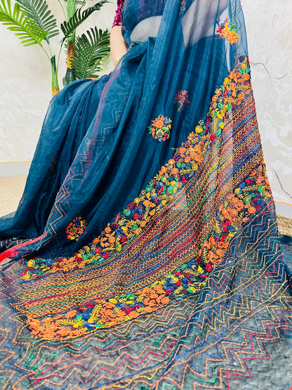 Close-up of handmade bullion stitch and French knot embroidery in multicolour threads on pure indigo organza silk saree by Desi Aadat — exclusive limited edition heritage saree