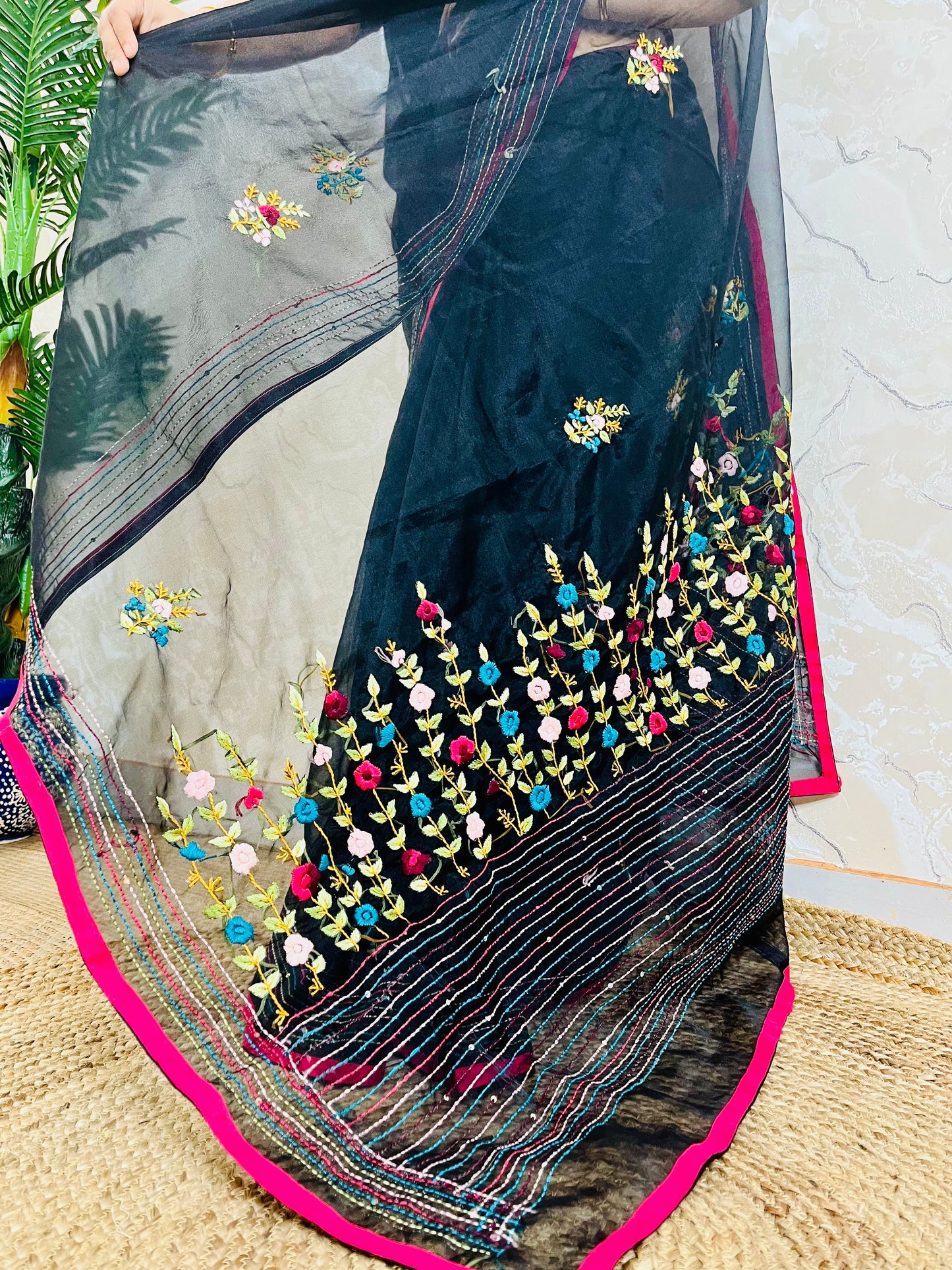 Bullion Stitch Black Organza Silk Saree