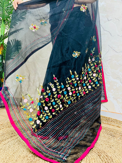 Bullion Stitch Black Organza Silk Saree