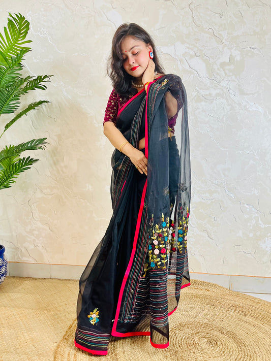 Bullion Stitch Black Organza Silk Saree