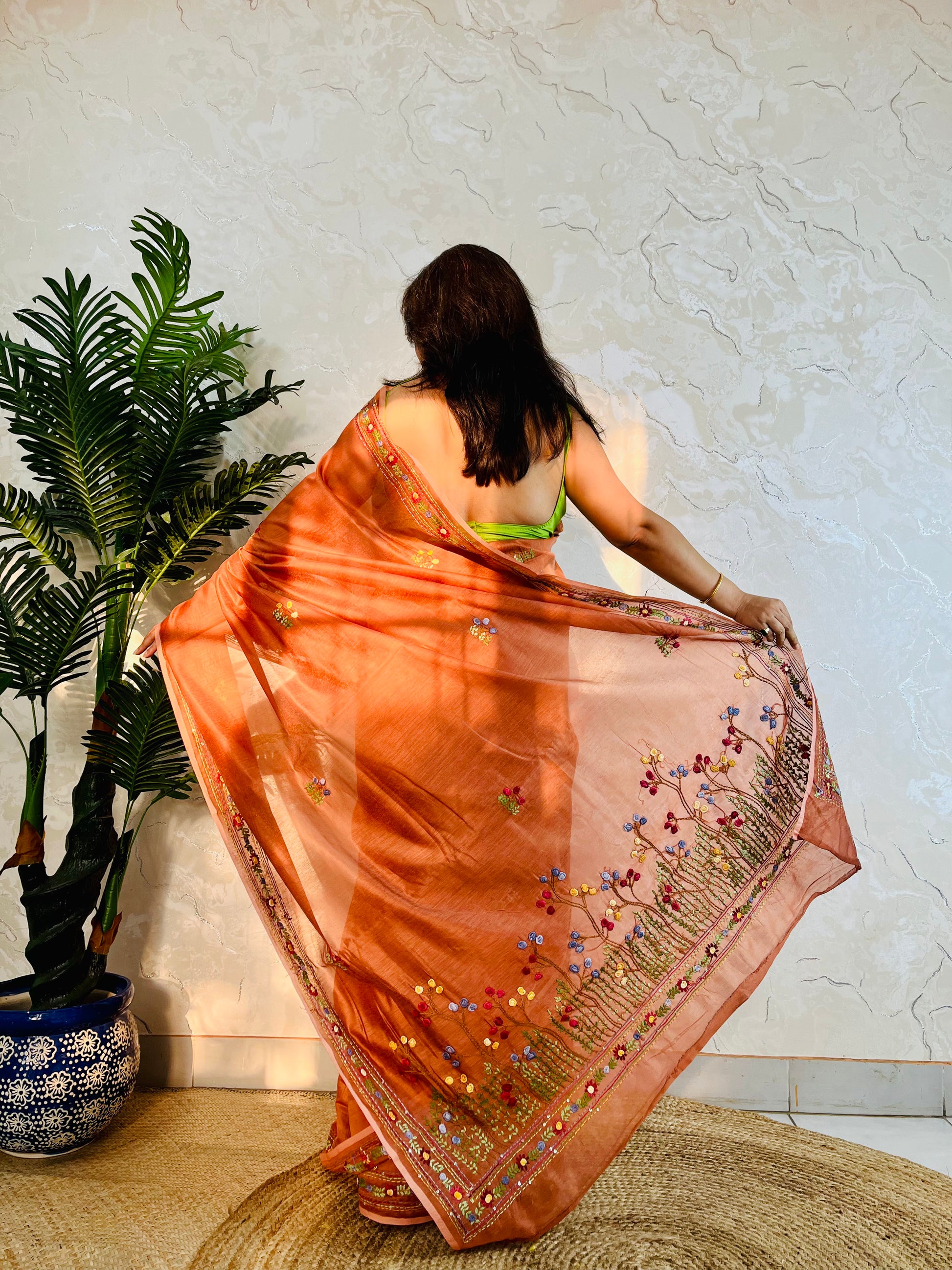 Close-up of Bullion Stitch and French Knot hand embroidery on copper-brown Chanderi silk cotton saree border – Desi Aadat