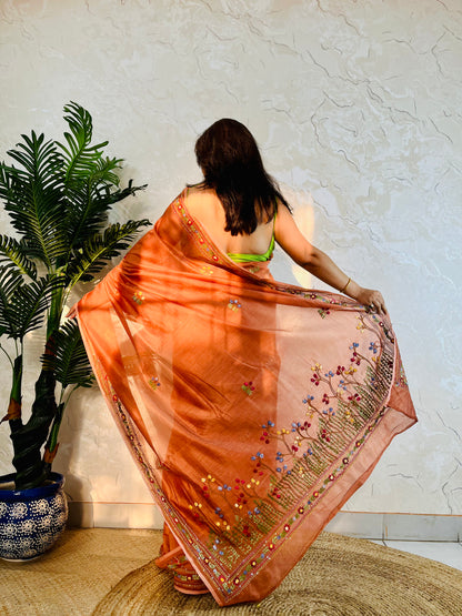 Close-up of Bullion Stitch and French Knot hand embroidery on copper-brown Chanderi silk cotton saree border – Desi Aadat