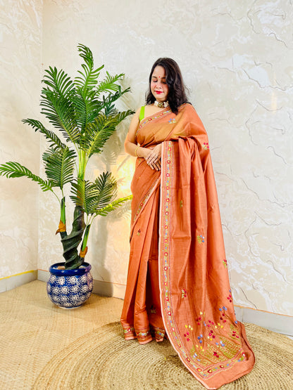 Copper-brown Chanderi silk cotton saree with hand-embroidered Bullion Stitch and French Knot floral pallu – Desi Aadat