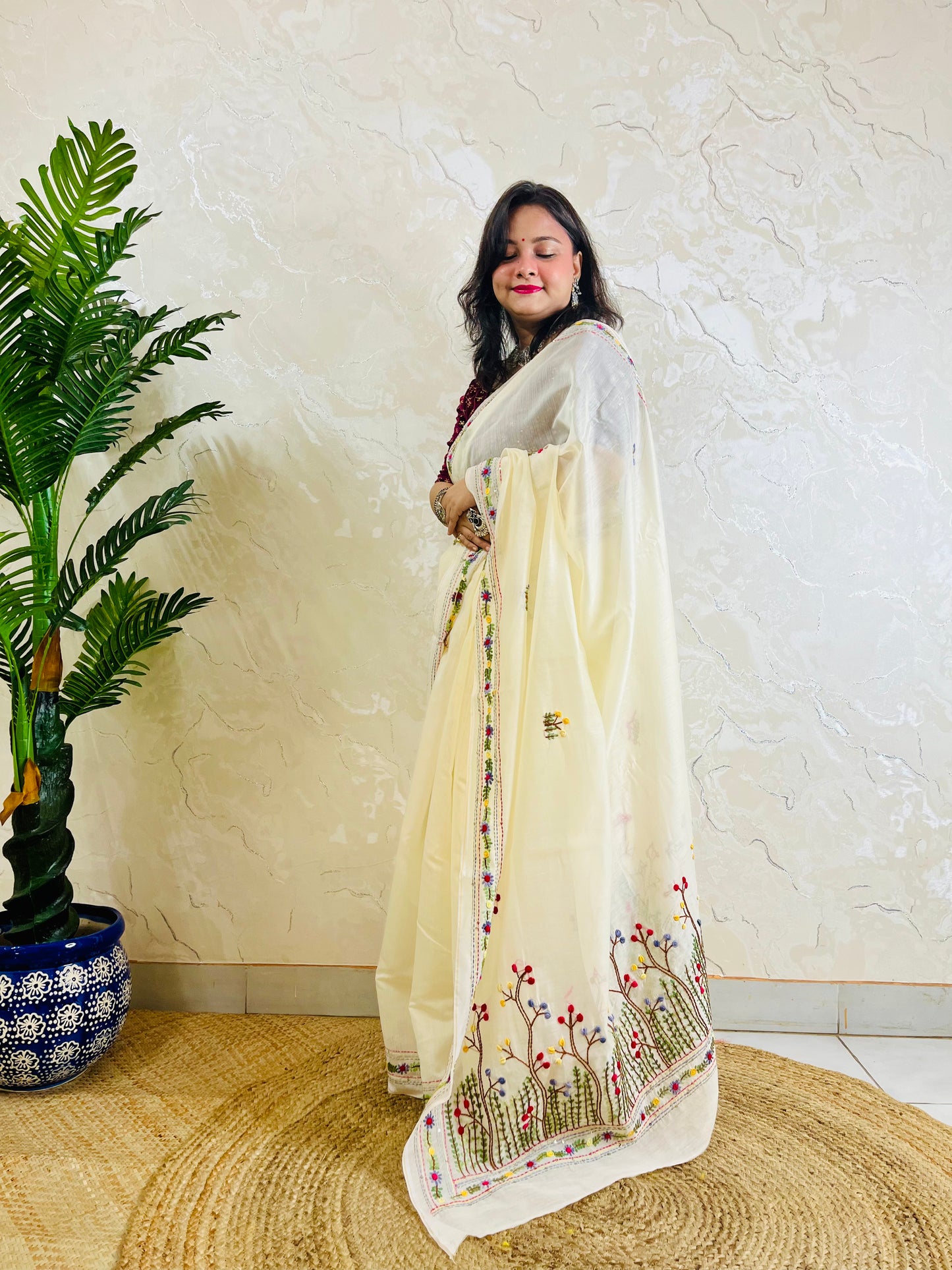Bullion Stitch & French Knot Handcrafted Cream Chanderi Silk Cotton Saree