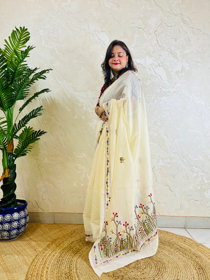 Bullion Stitch & French Knot Handcrafted Cream Chanderi Silk Cotton Saree