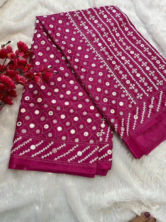 Burgundy Gujarati Stitch Saree with authentic Kutch hand embroidery and royal mirror work by Desi Aadat