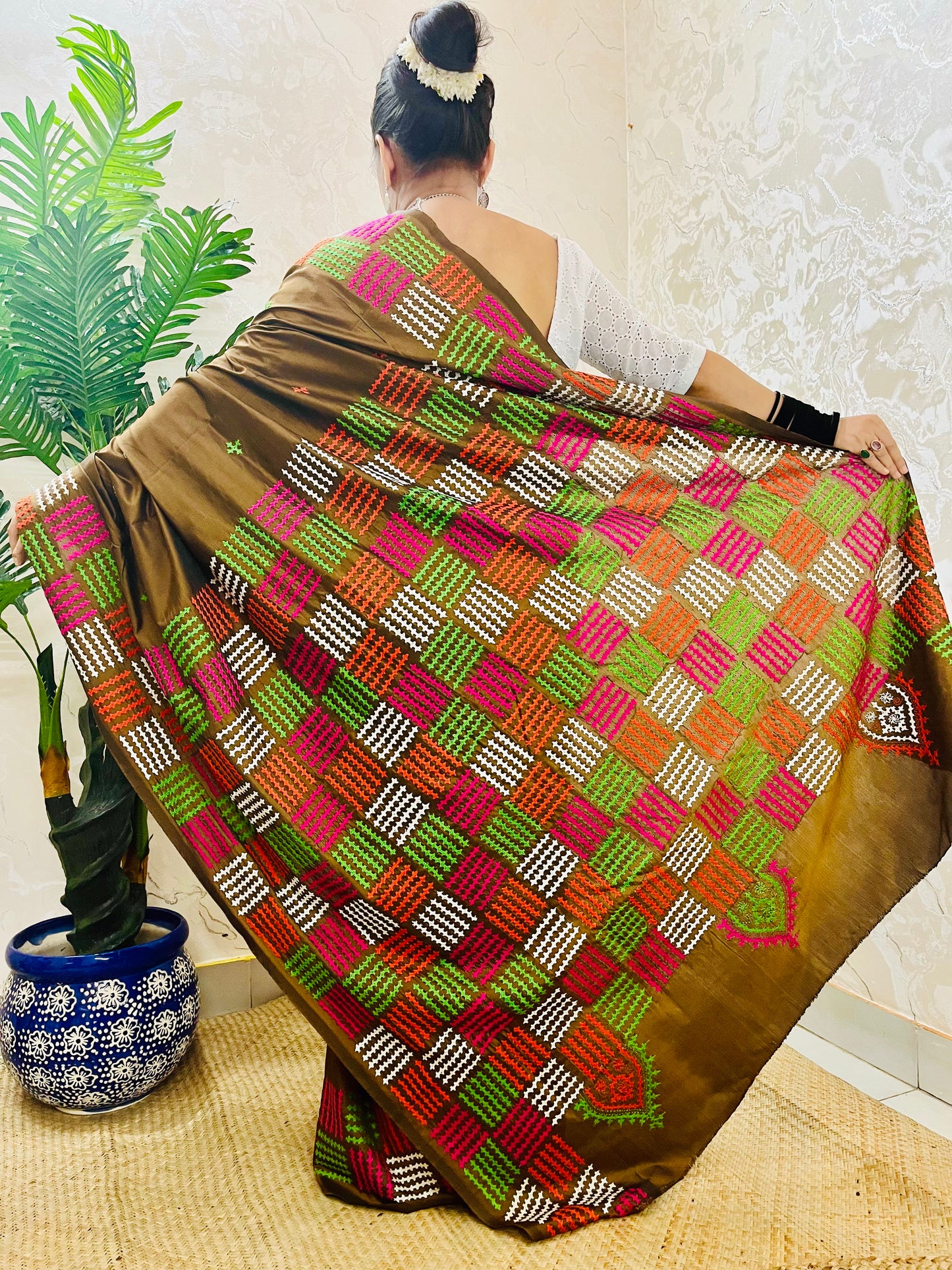 Olive Brown Multicolor Embroidery Gujarati/Kutch work Saree