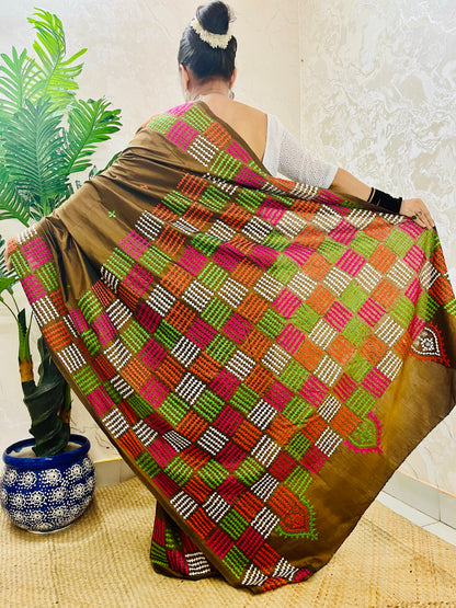 Olive Brown Multicolor Embroidery Gujarati/Kutch work Saree