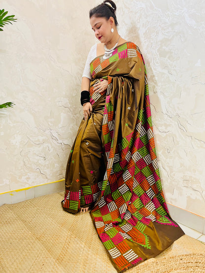 Olive Brown Multicolor Embroidery Gujarati/Kutch work Saree