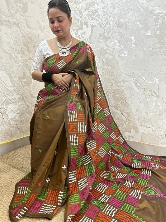Coffee brown Kantha Stitch Saree with vibrant multicolor embroidery handcrafted by Desi Aadat artisans