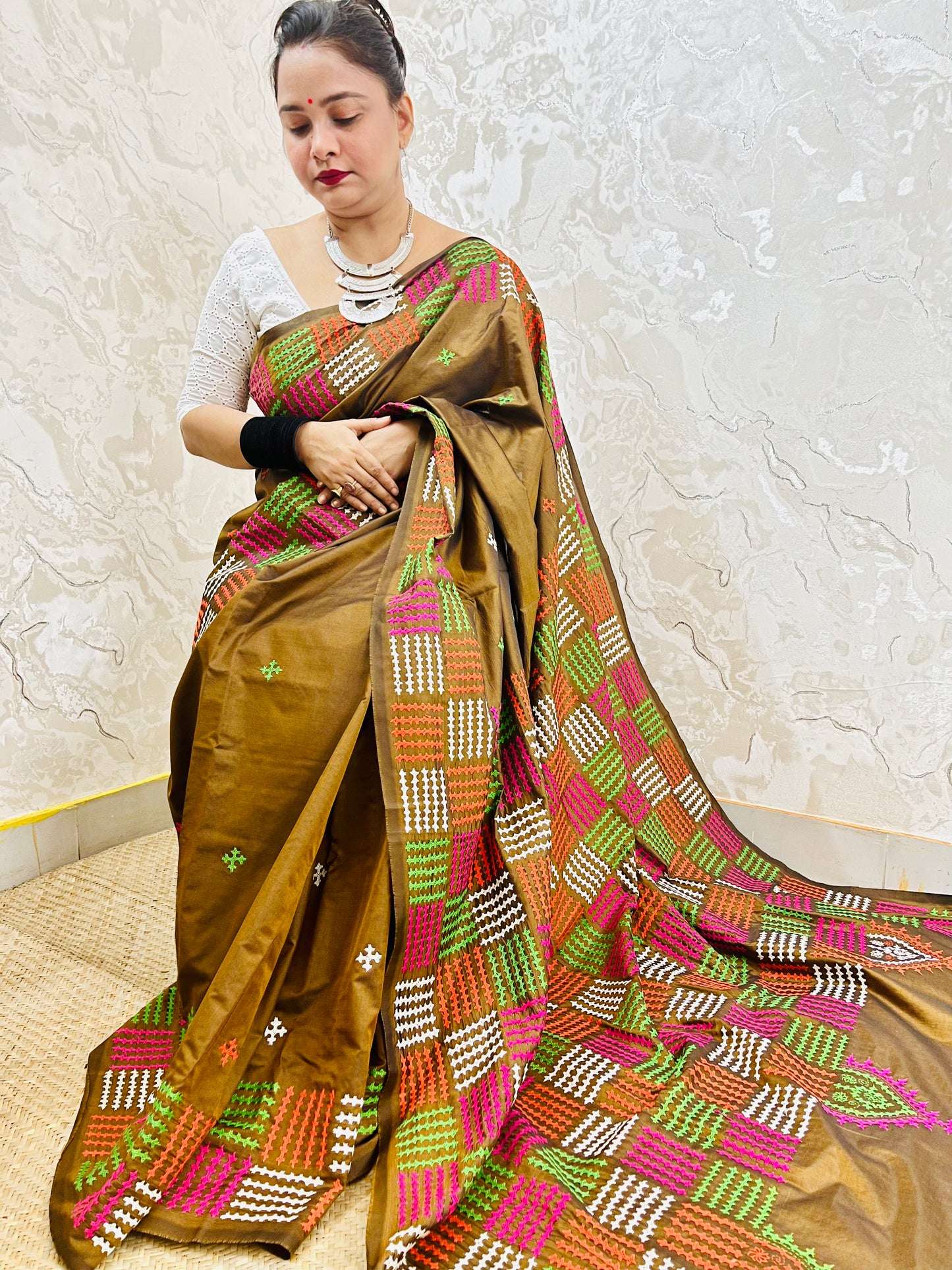 Olive Brown Multicolor Embroidery Gujarati/Kutch work Saree