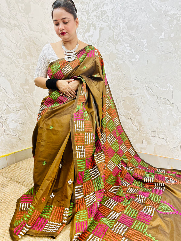 Olive Brown Multicolor Embroidery Gujarati/Kutch work Saree