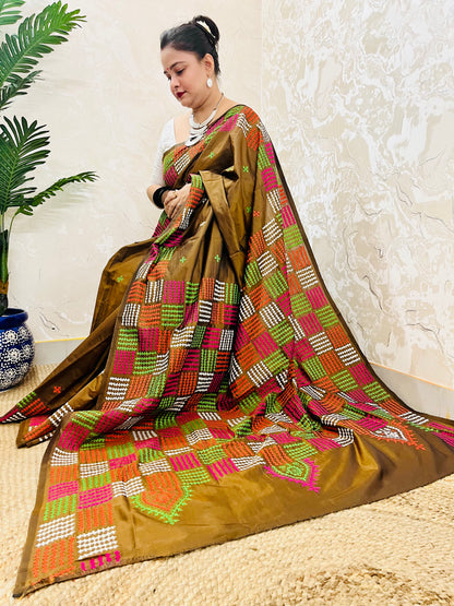 Olive Brown Multicolor Embroidery Gujarati/Kutch work Saree