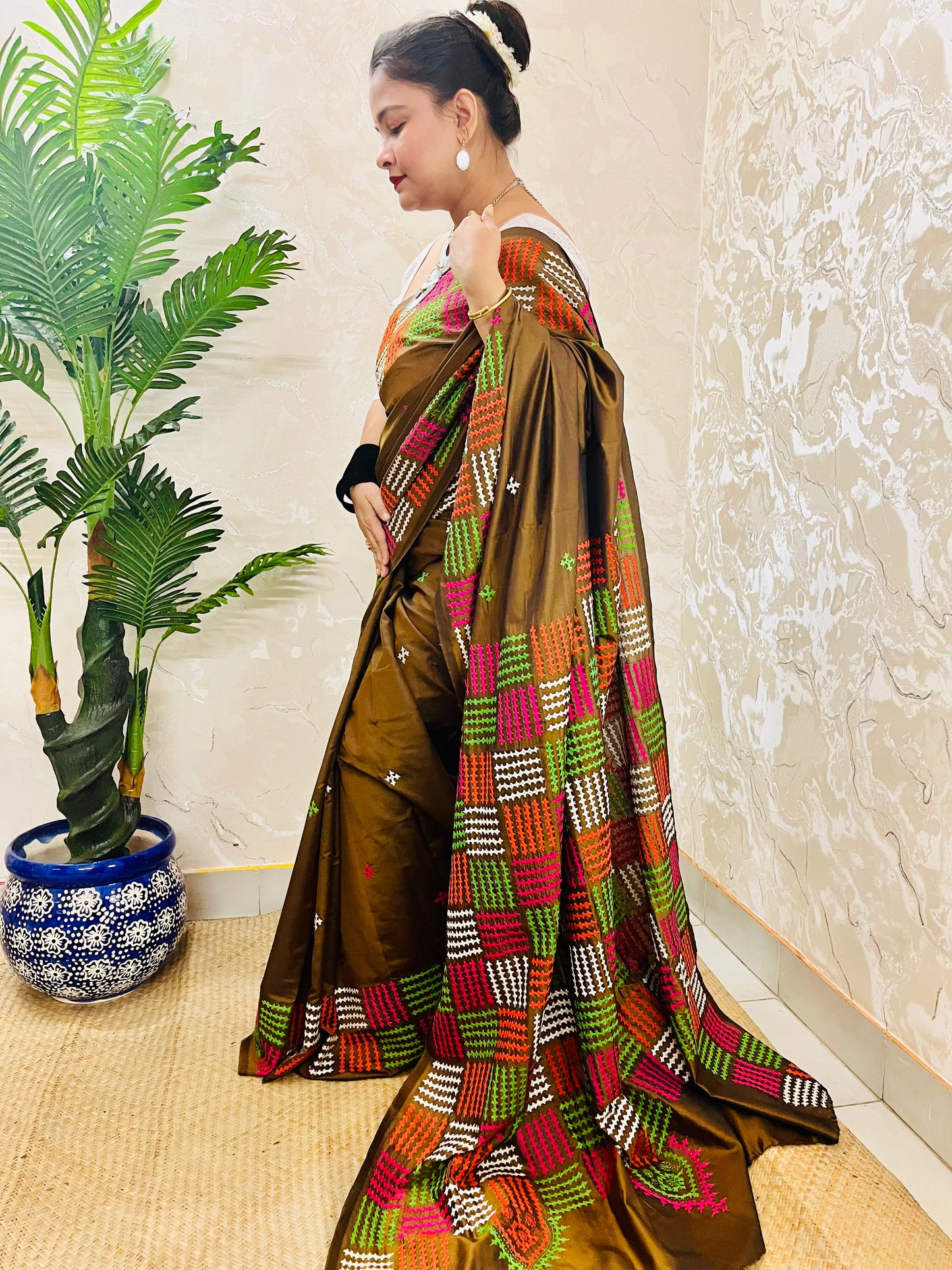 Olive Brown Multicolor Embroidery Gujarati/Kutch work Saree