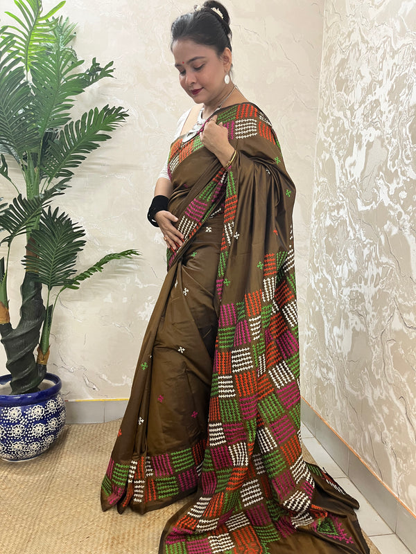 Coffee brown Kantha Stitch Saree with vibrant multicolor embroidery handcrafted by Desi Aadat artisans