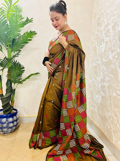 Olive Brown Multicolor Embroidery Gujarati/Kutch work Saree