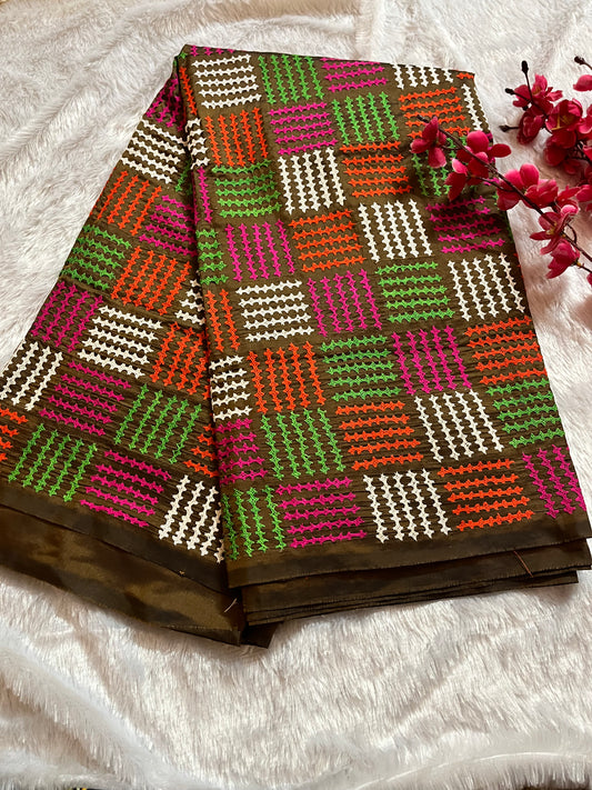 Coffee brown Kantha Stitch Saree with vibrant multicolor embroidery handcrafted by Desi Aadat artisans
