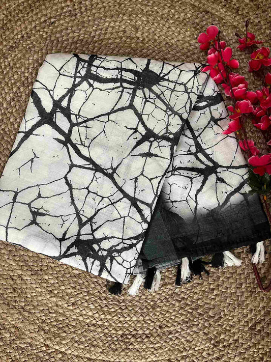 Indian ethnic wear – black and white linen cotton saree with price & details