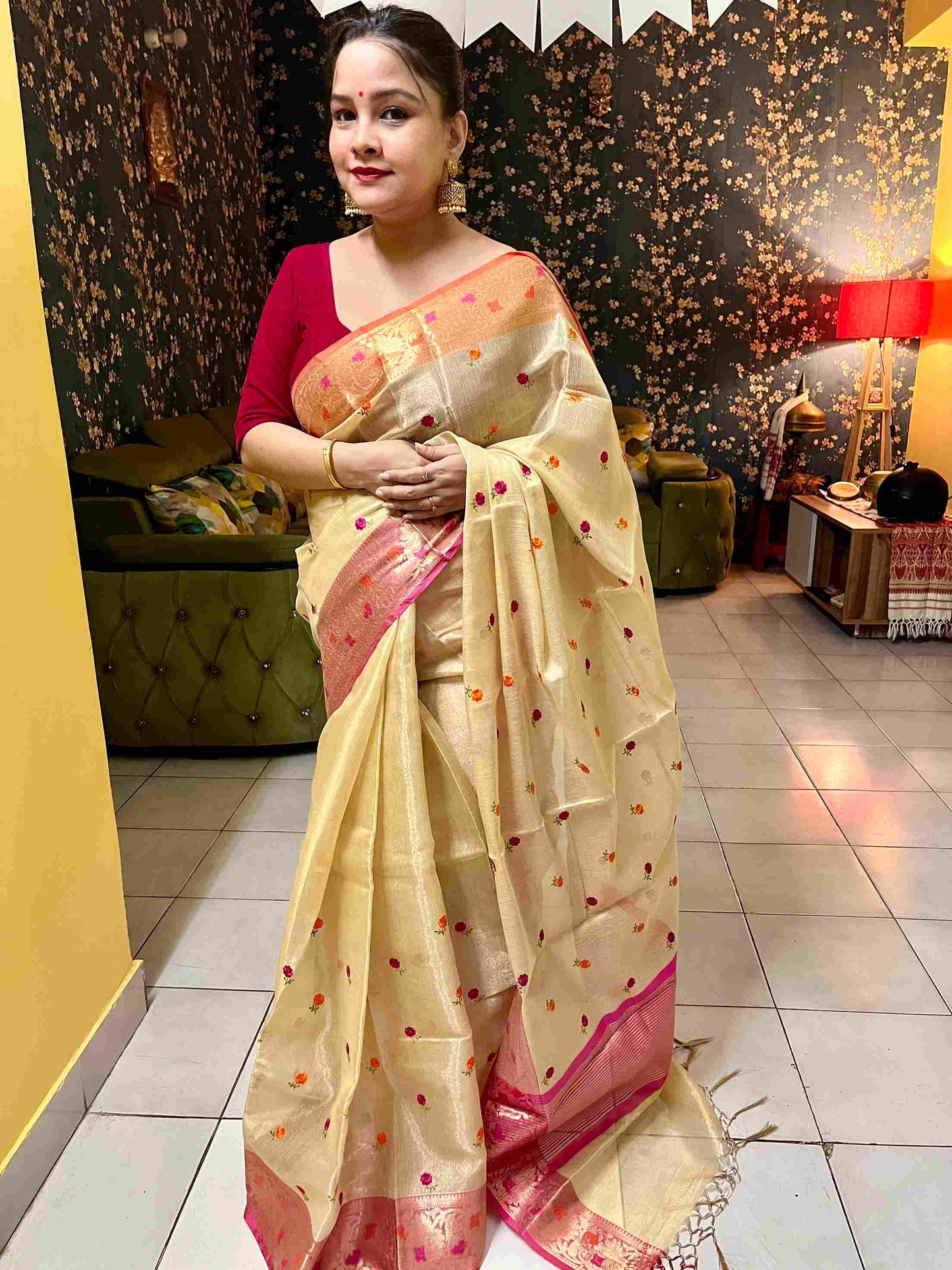 Sandal Wood Cotton Tissue Embroidery Saree by Desi Aadat