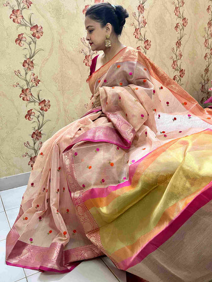 Pink Cotton Tissue Embroidery Saree by Desi Aadat