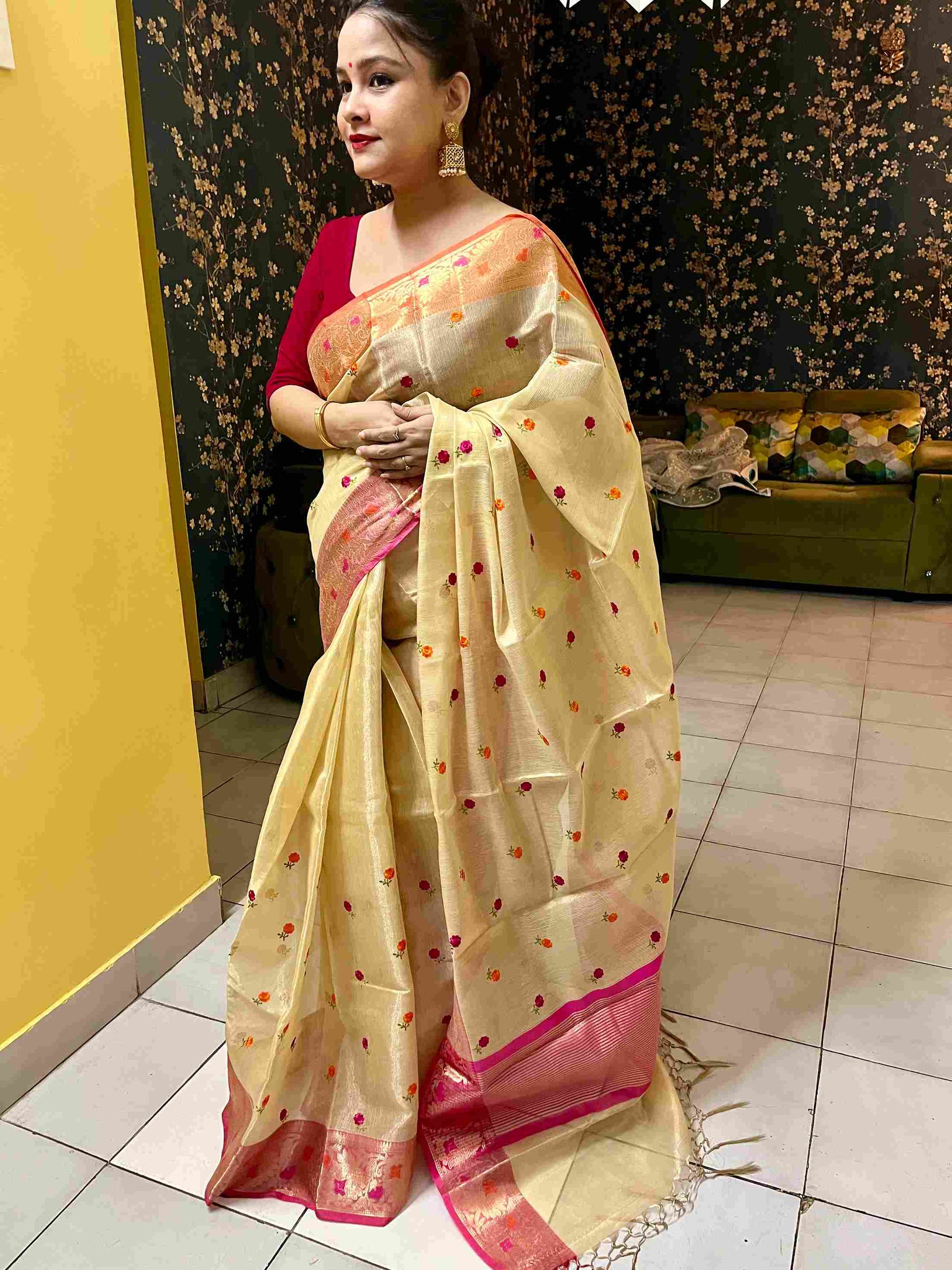 Sandal Wood Cotton Tissue Embroidery Saree by Desi Aadat