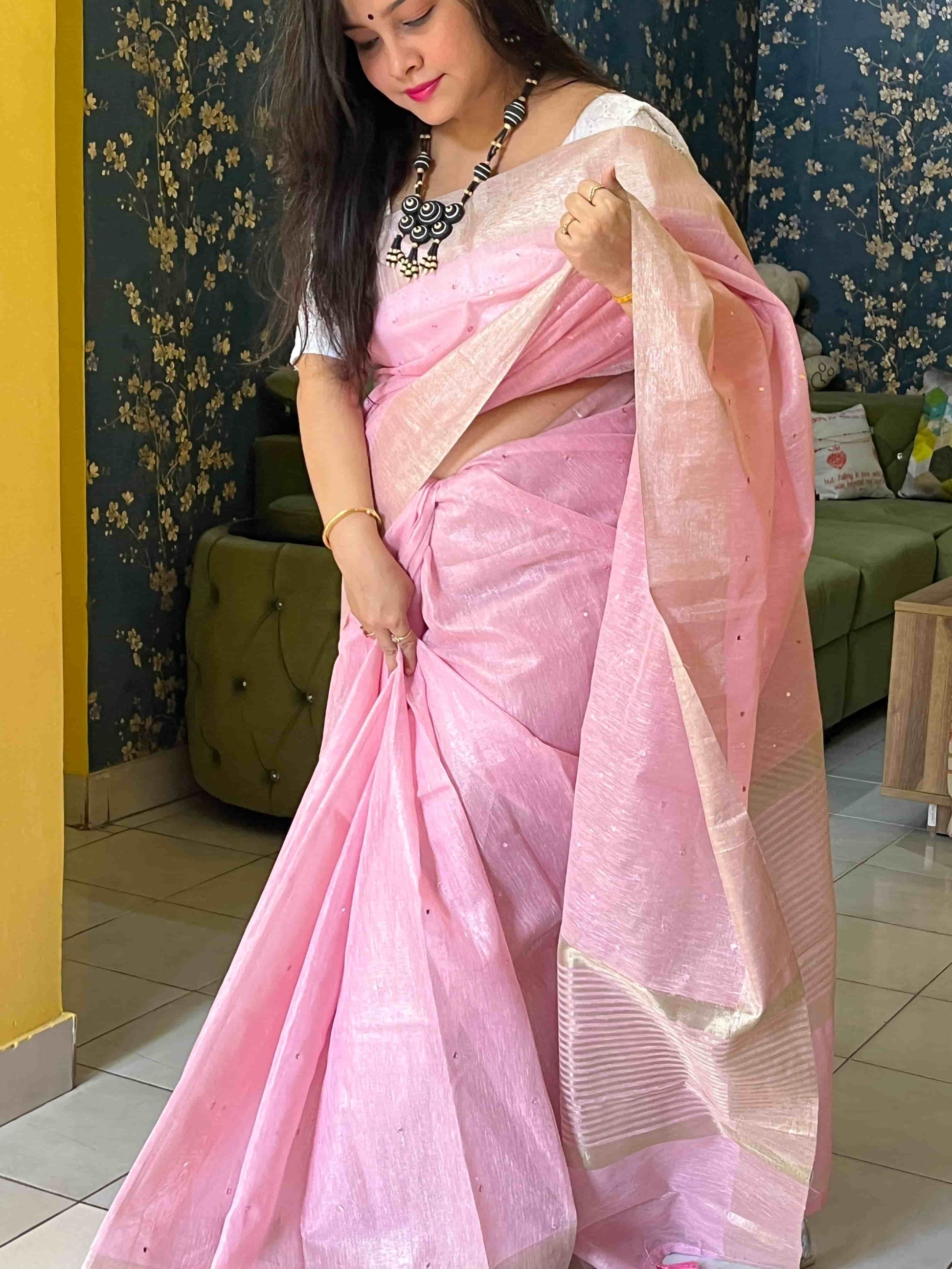Baby Pink Cotton Tissue Kota Saree with mirror embroidery by Desi Aadat