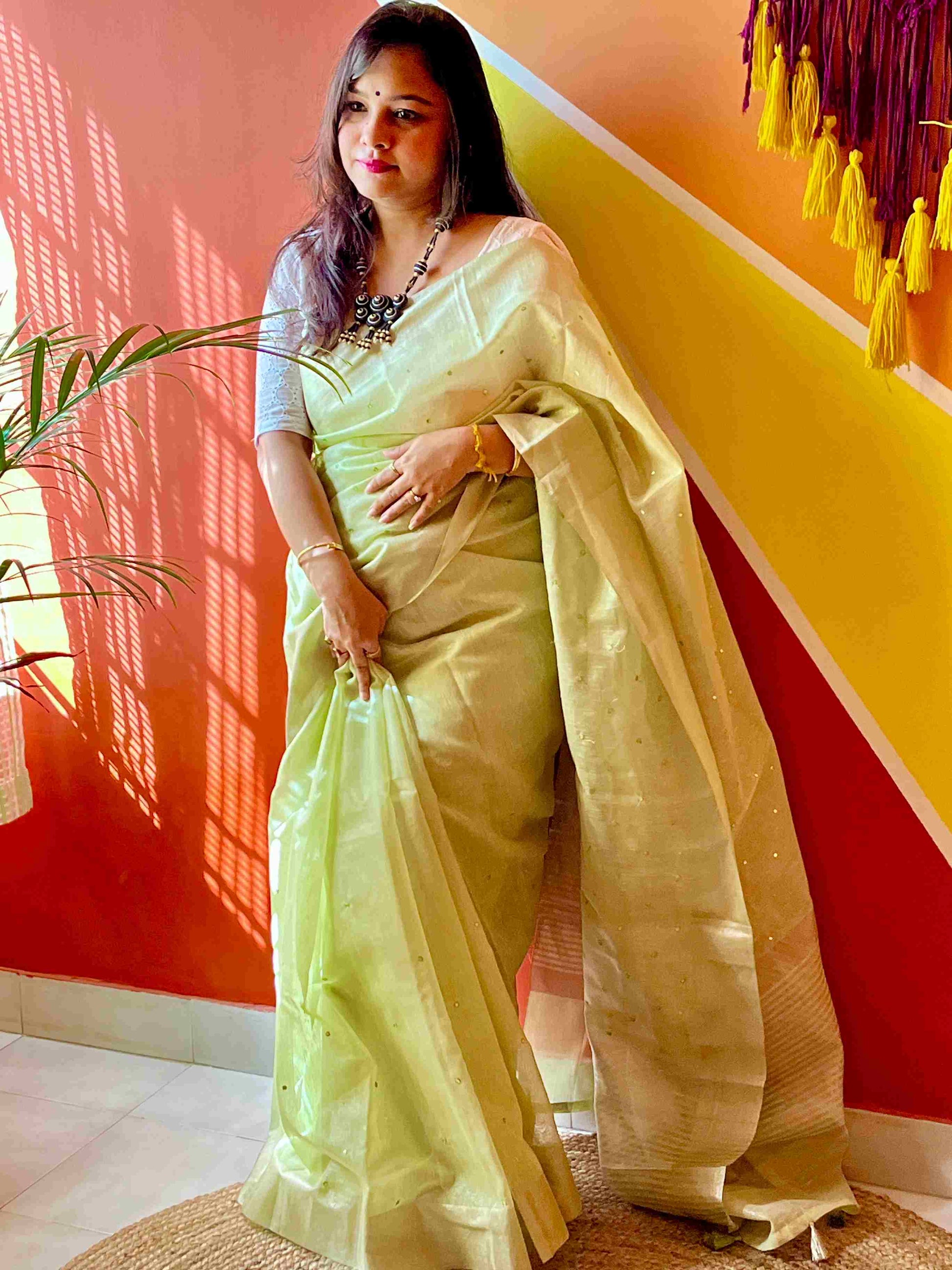 Close-up of mirror work on saree on Pista Green kota saree cotton fabric