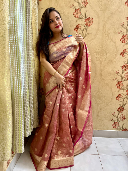 Peach Crush Banarasi Tissue Saree by Desi Aadat