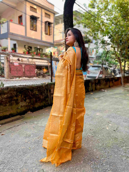 Elegant woman in Peach crush tissue saree showcasing Desi Aadat’s handwoven design
