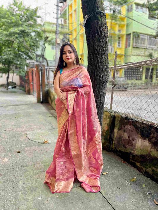 Silk Tissue Saree with Banarasi Weaving in Light Peach Shade