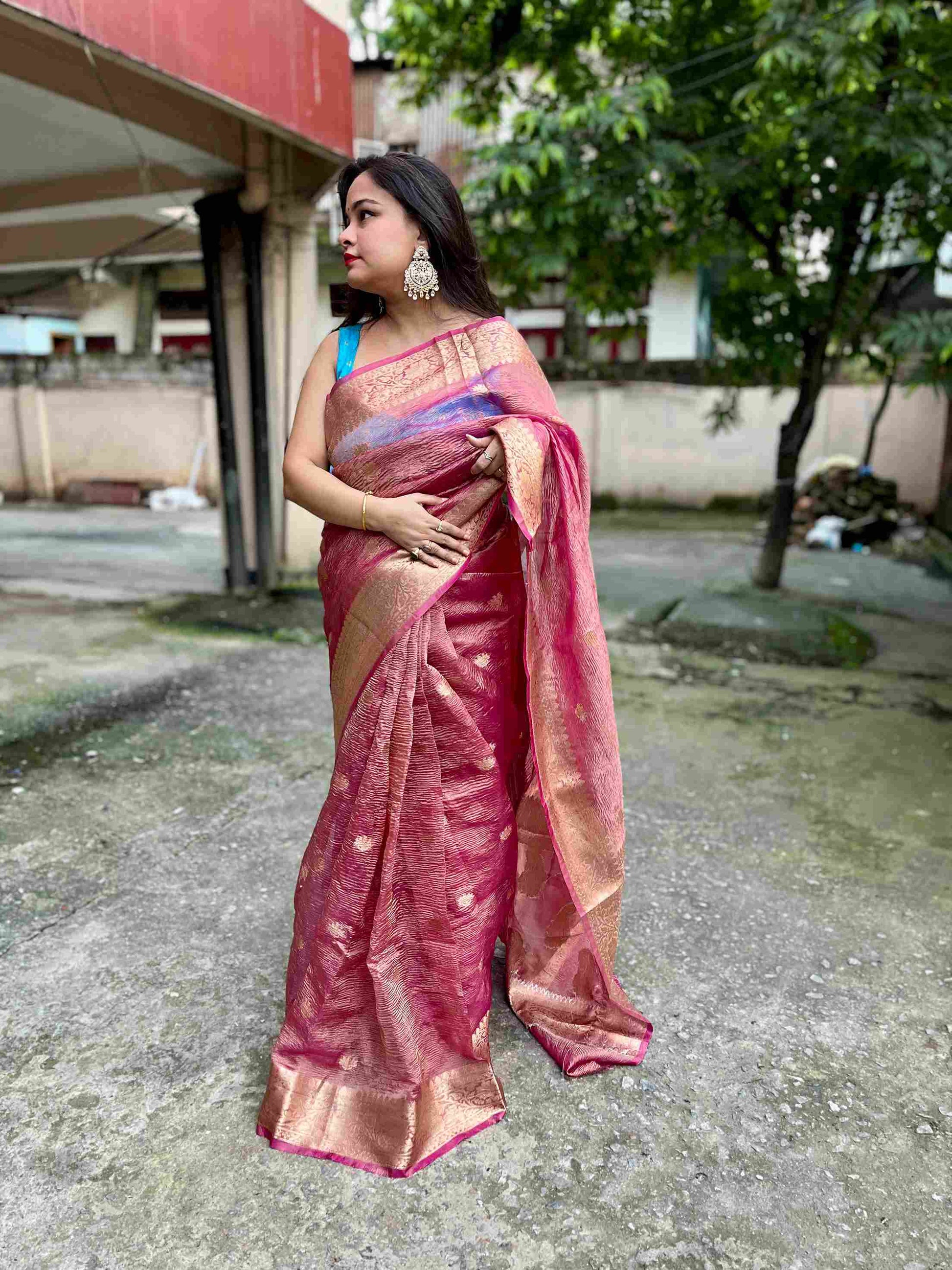 Light Peach Crush Banarasi Tissue Saree – Handwoven Elegance