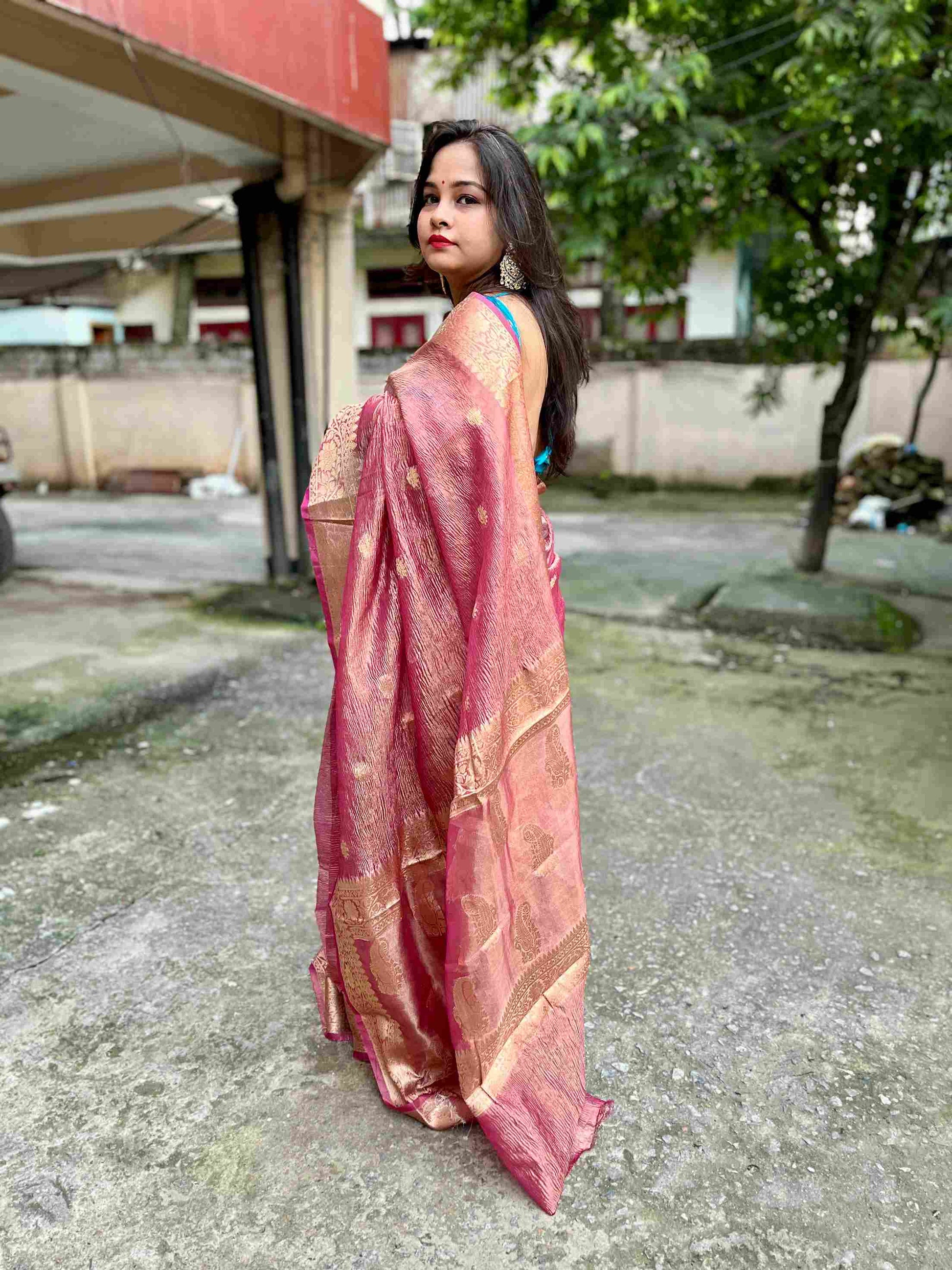Silk Tissue Saree with Banarasi Weaving in Light Peach Shade