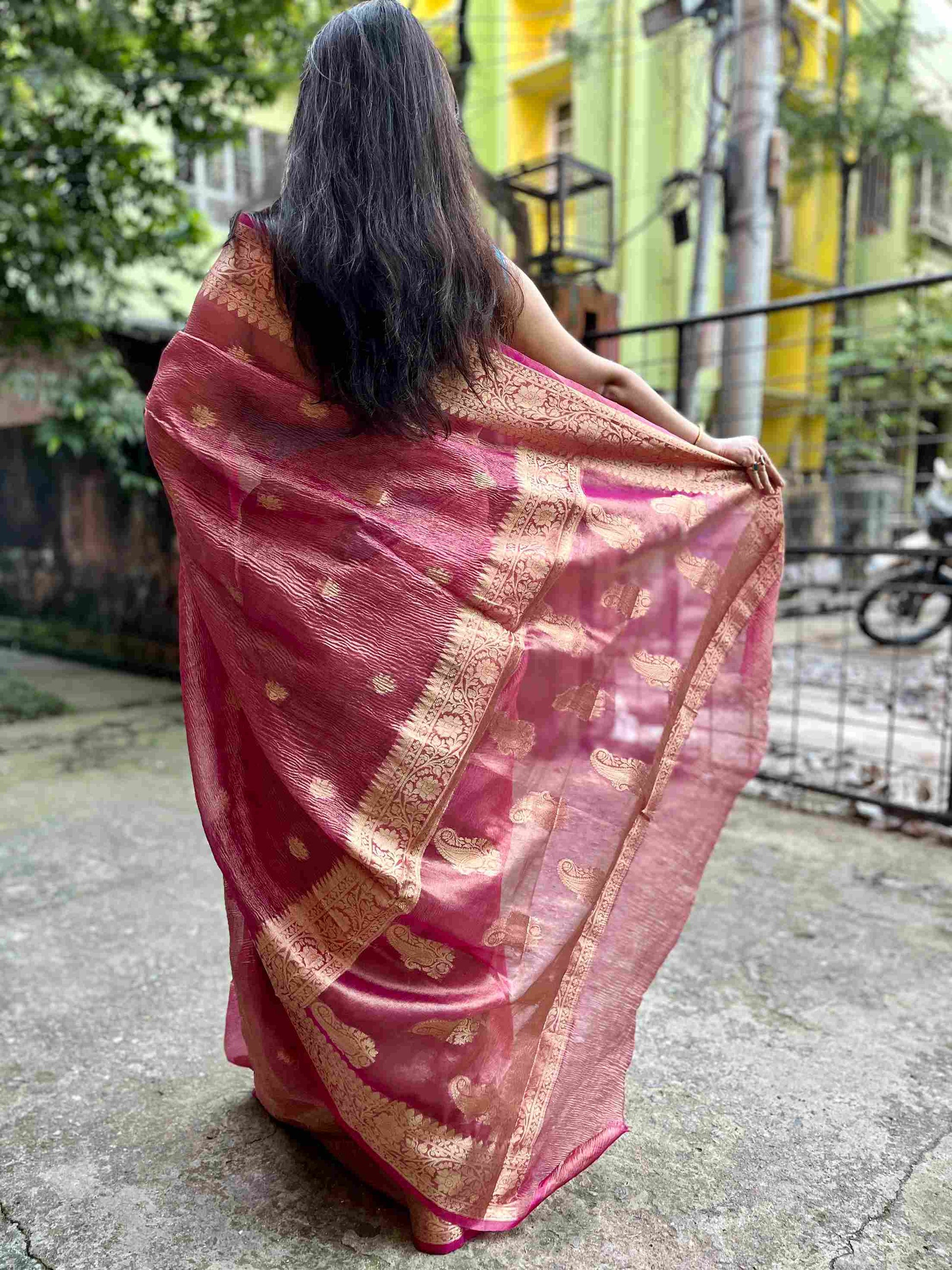 Light Peach Crush Banarasi Tissue Saree – Handwoven Elegance