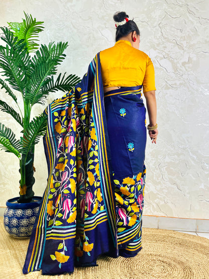 Navy blue Nakshi Kantha saree with bird and floral embroidery, back pallu standing view
