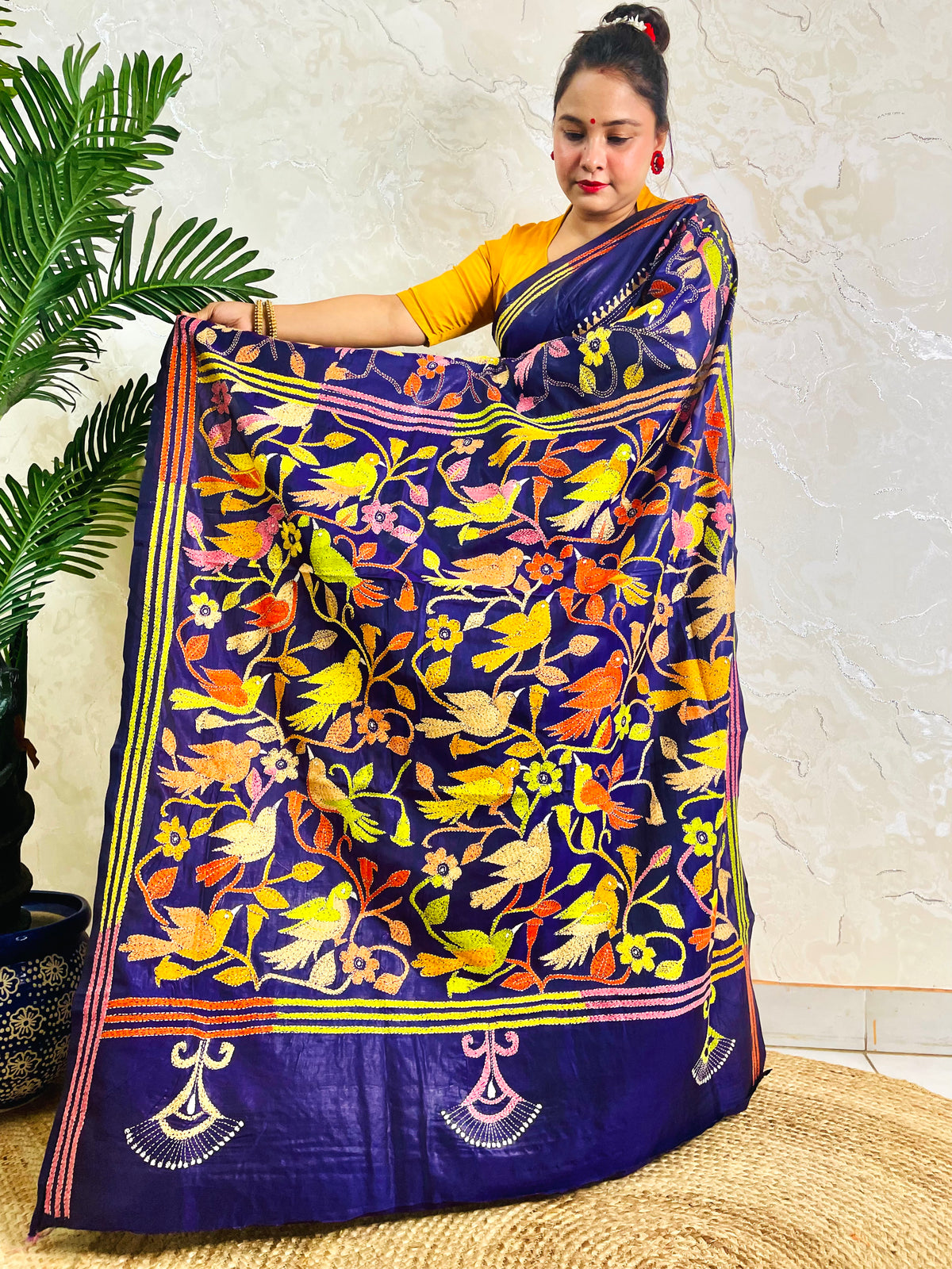 Royal blue corner-to-corner Kantha saree with bird motif, full pallu spread view