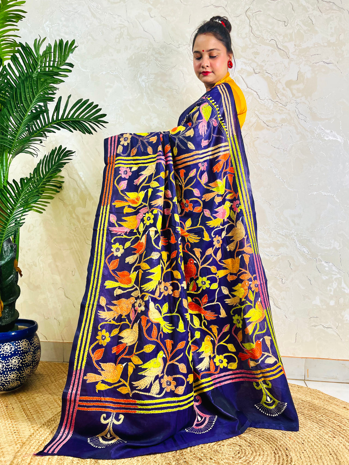 Royal blue corner-to-corner Kantha saree with bird motif, full pallu spread view