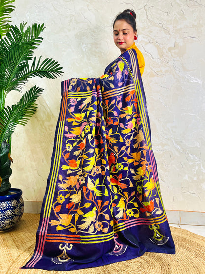 Royal blue corner-to-corner Kantha saree with bird motif, full pallu spread view