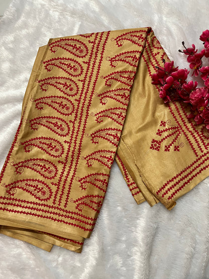 Golden yellow Kantha Stitch Saree with intricate paisley motif embroidery handcrafted by Desi Aadat artisans